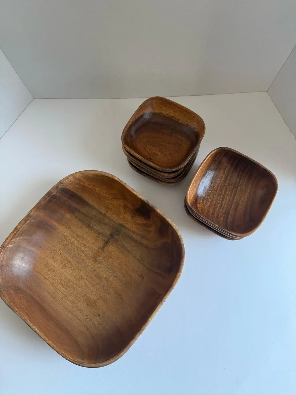 Vintage MCM Monkey Pod Style Wood Salad Bowl Set 9 Pc